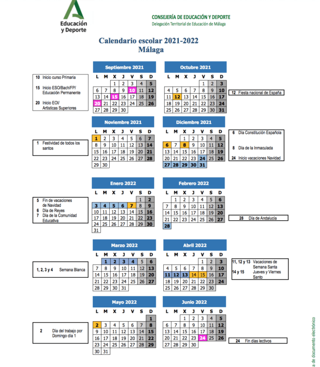 Calendario escolar 2021-2022